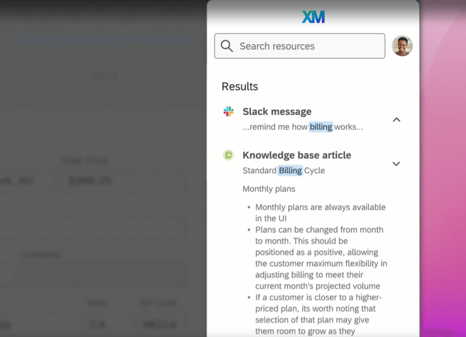 A search bar pulling results from slack and an internal company knowledge base